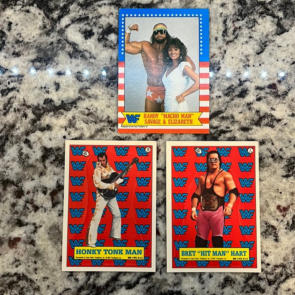 1987 Super Rare Wrestle Mania 3 collectible cards in good condition.